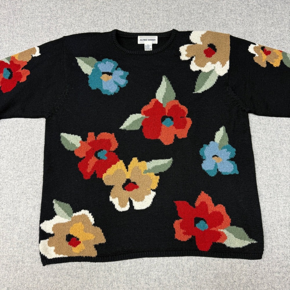 Alfred Dunner Floral Knit Sweater XL Black Vintage Wool Blend Crewneck Pullover